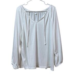 Old Navy Women Size Large White Long Sleeve Shirt Neck Tie Stretch Lightweight